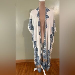 Lovestitch White and Blue Patterned Kimono Maxi Boho Vacation Resort OS NWT